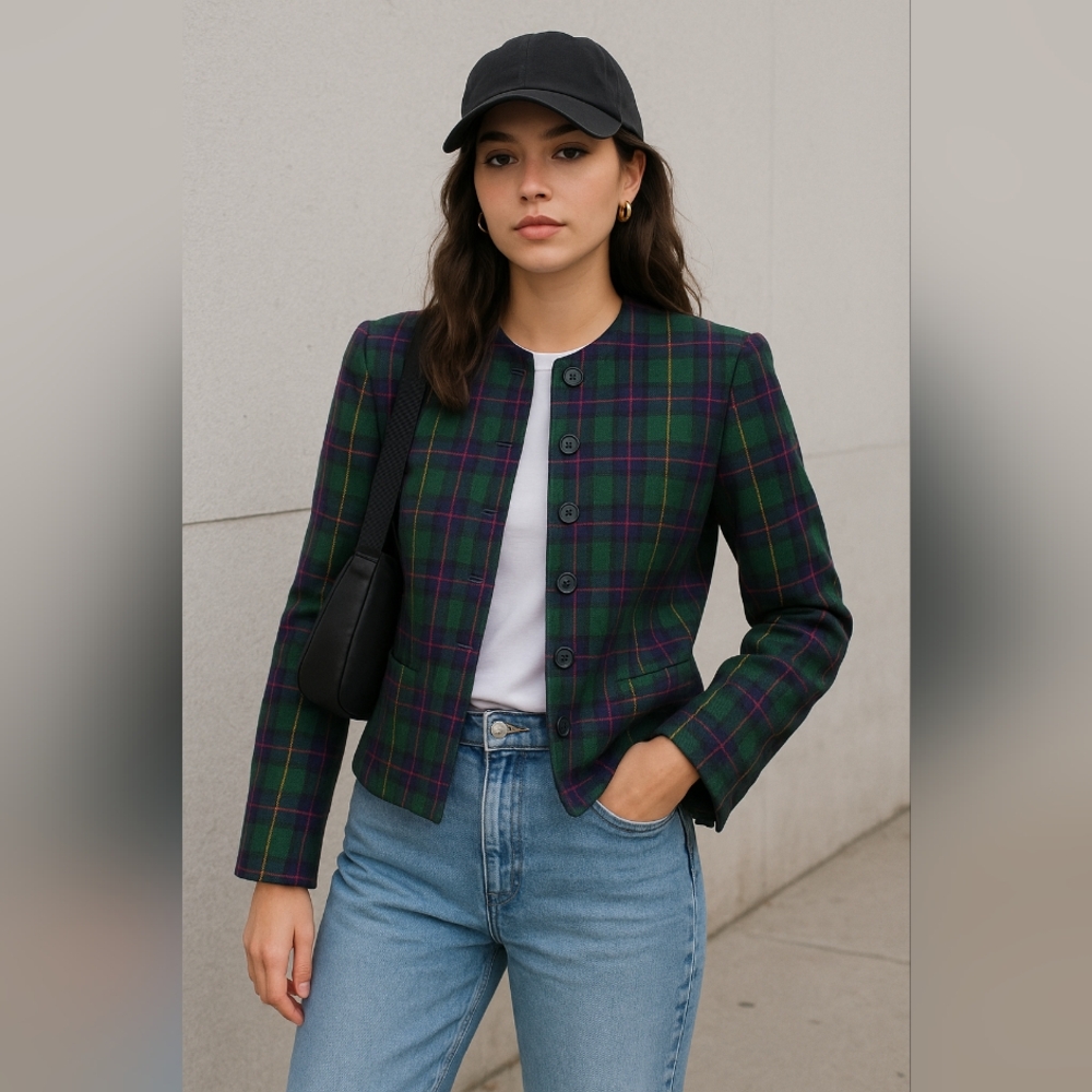 Vintage Joan Leslie Tartan Print Green & Red Blazer 6P